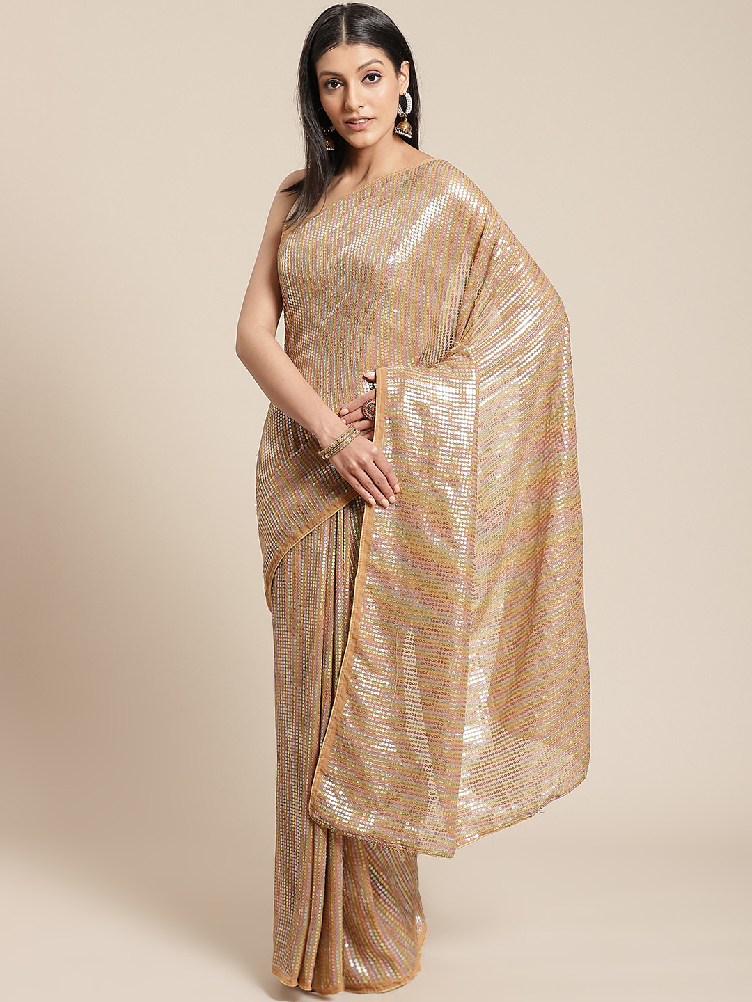 

Chhabra 555 Beige & Golden Sequinned Saree