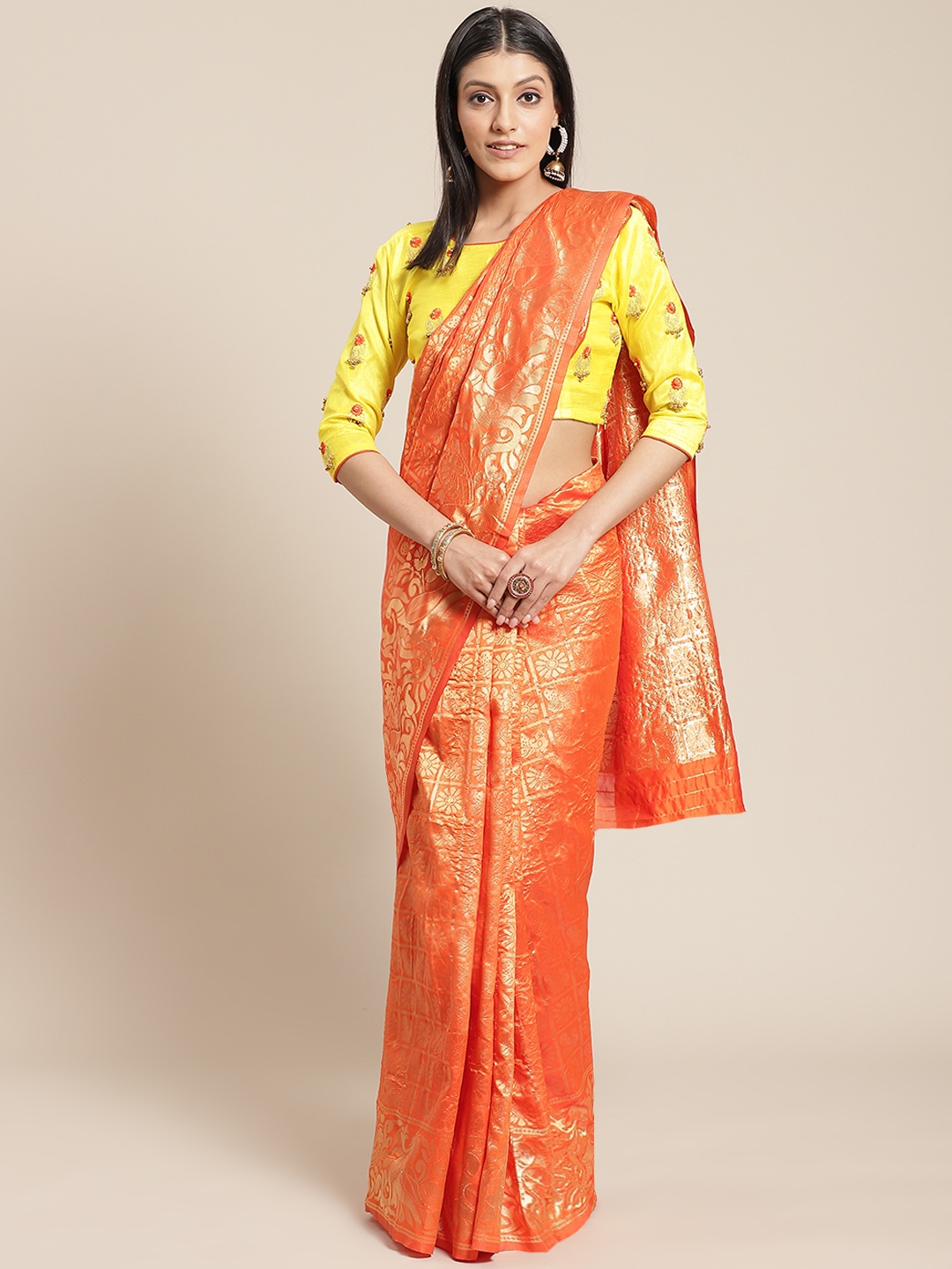 

Chhabra 555 Orange & Golden Woven Design Banarasi Saree