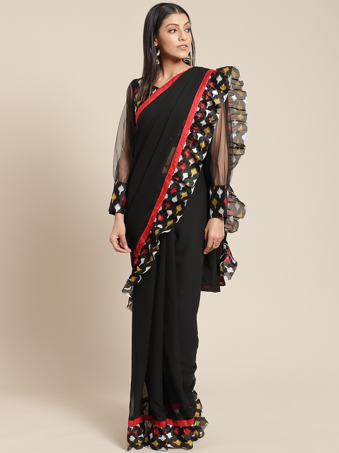 

Chhabra 555 Black Solid Saree with Ikat Print Ruffled Border