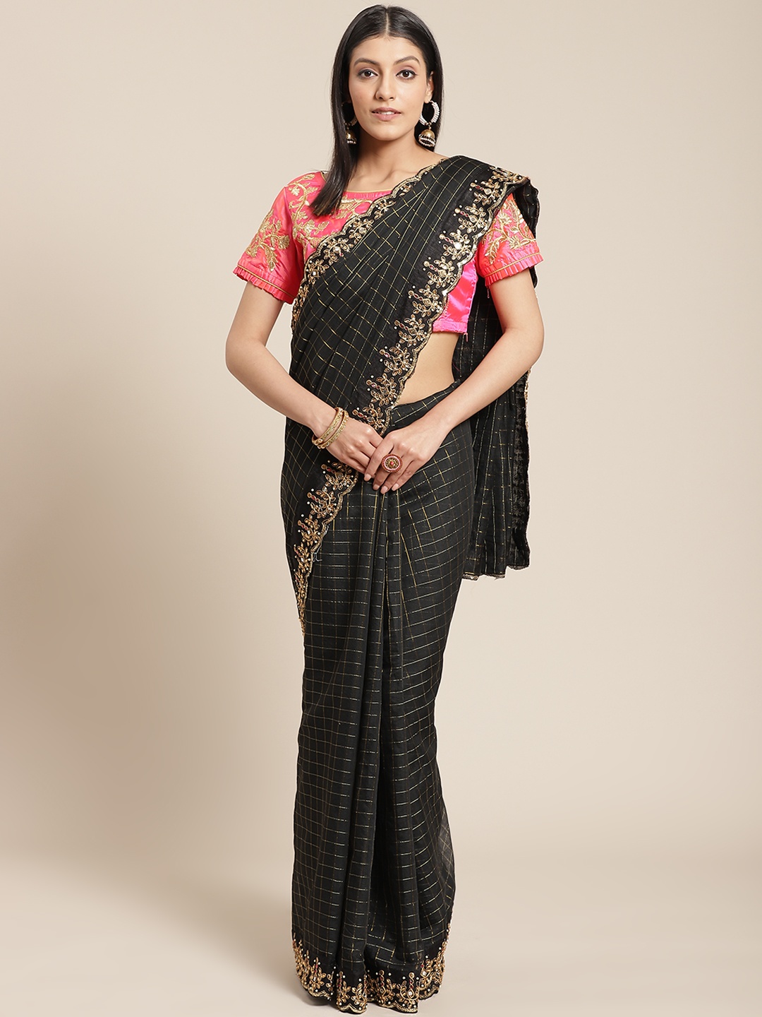 

Chhabra 555 Black & Golden Checked Chanderi Gharchola Saree