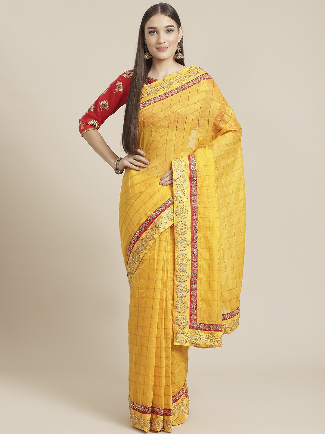 

Chhabra 555 Mustard Yellow & Golden Kundan Work Checked Chanderi Gharchola Saree