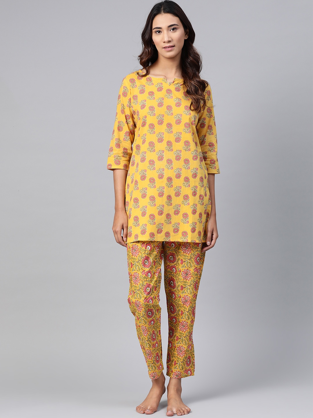 

Anubhutee Women Mustard Yellow & Pink Pure Cotton Floral Printed Night suit