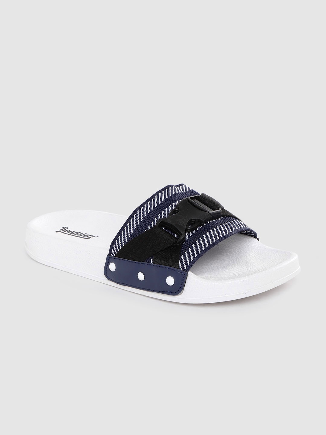 

The Roadster Lifestyle Co Women Navy Blue & White Striped Flip Flops with Click Buckle Detail