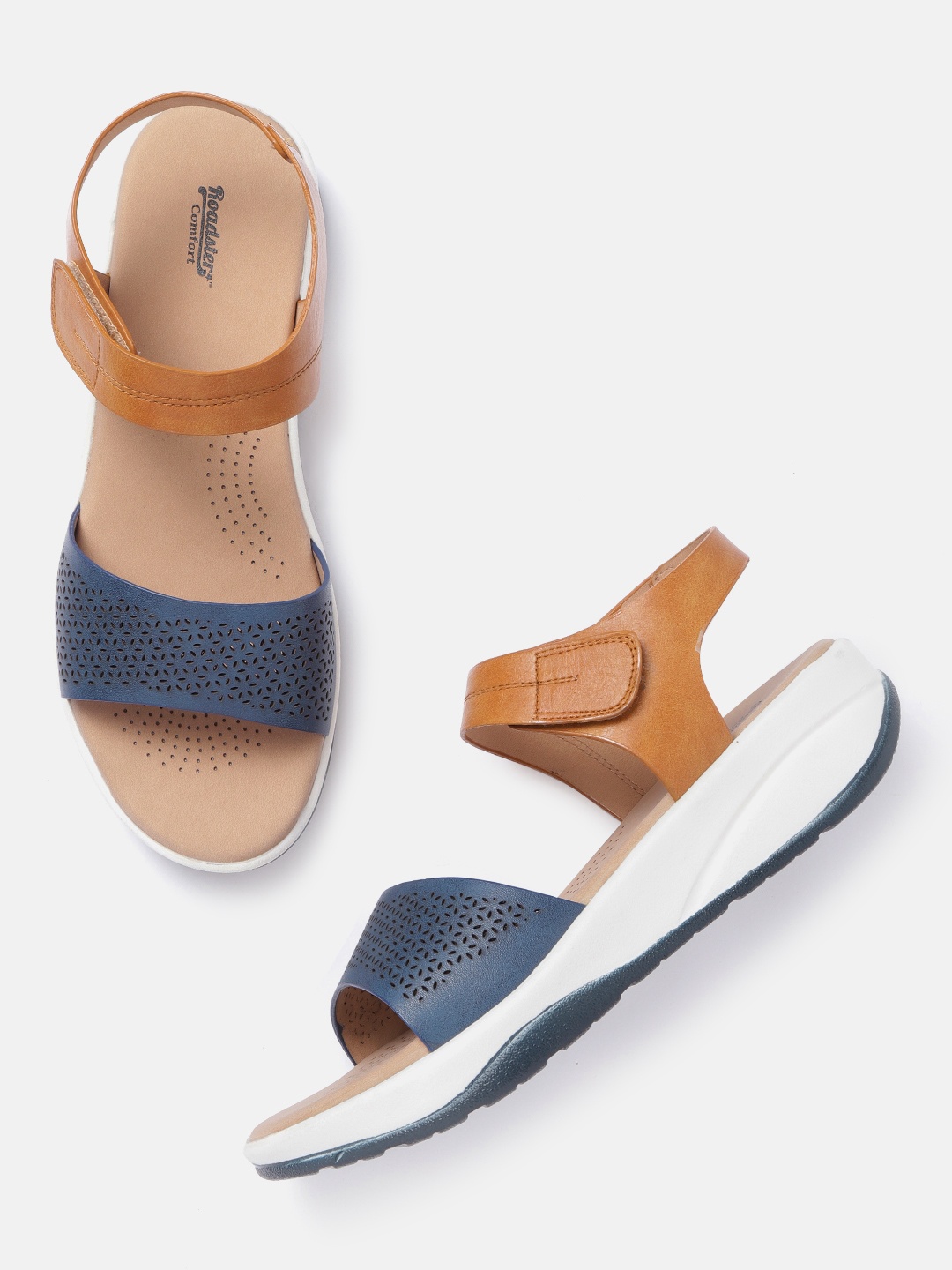 

The Roadster Lifestyle Co Women Navy Blue & Brown Colourblocked Laser Cuts Comfort Heels