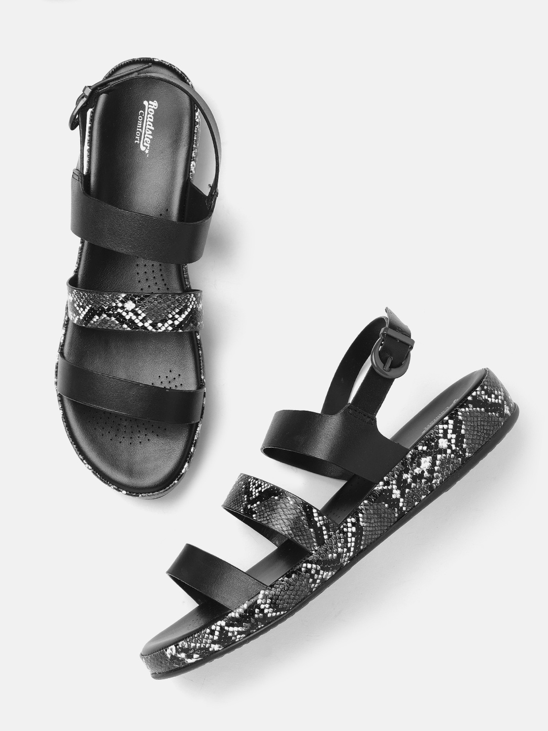 

The Roadster Lifestyle Co Women Black & White Snakeskin Textured Open Toe Flats