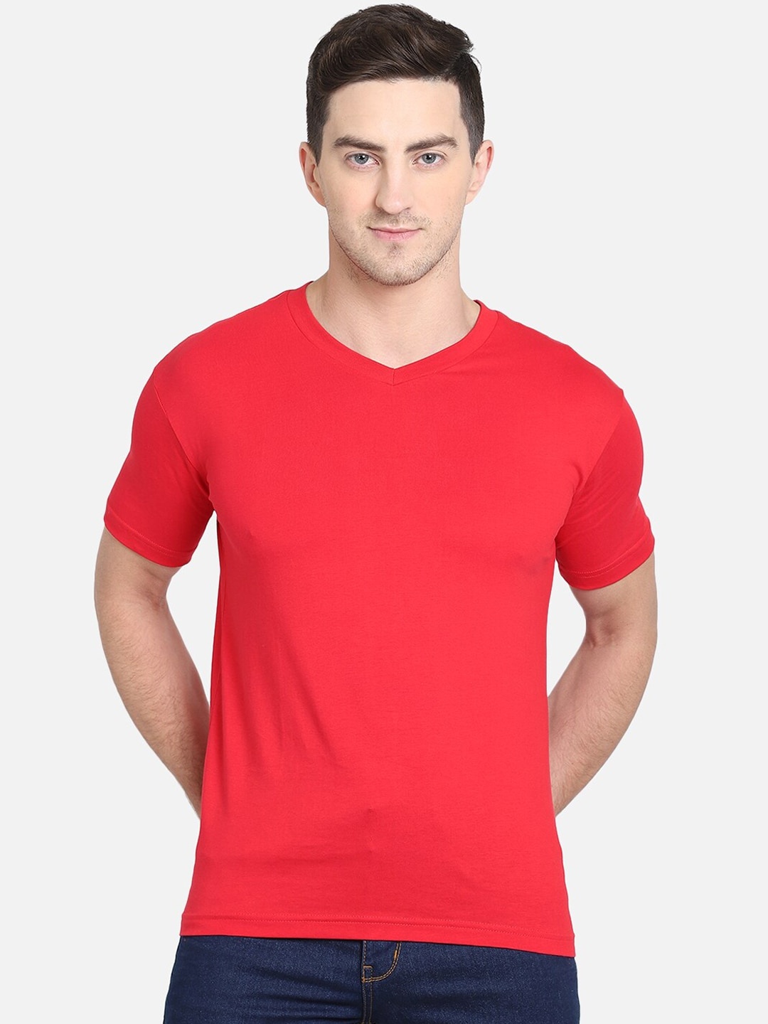 

PROTEENS Men Red Solid V-Neck T-shirt