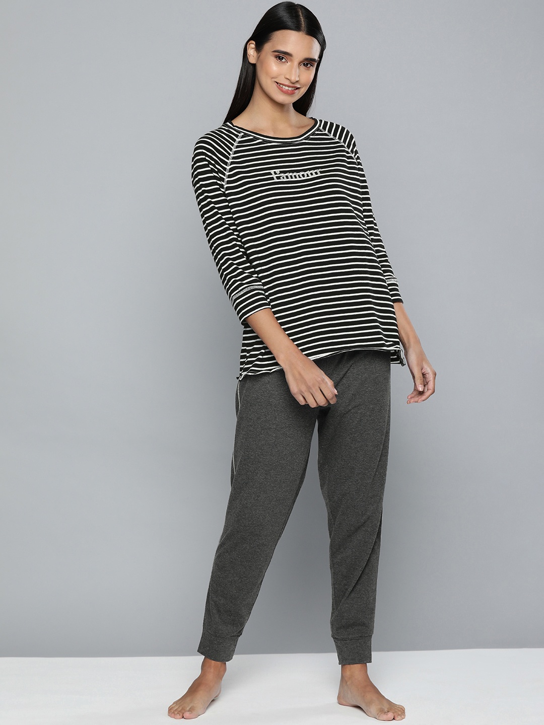 

Chemistry Women Black & White Striped Night suit