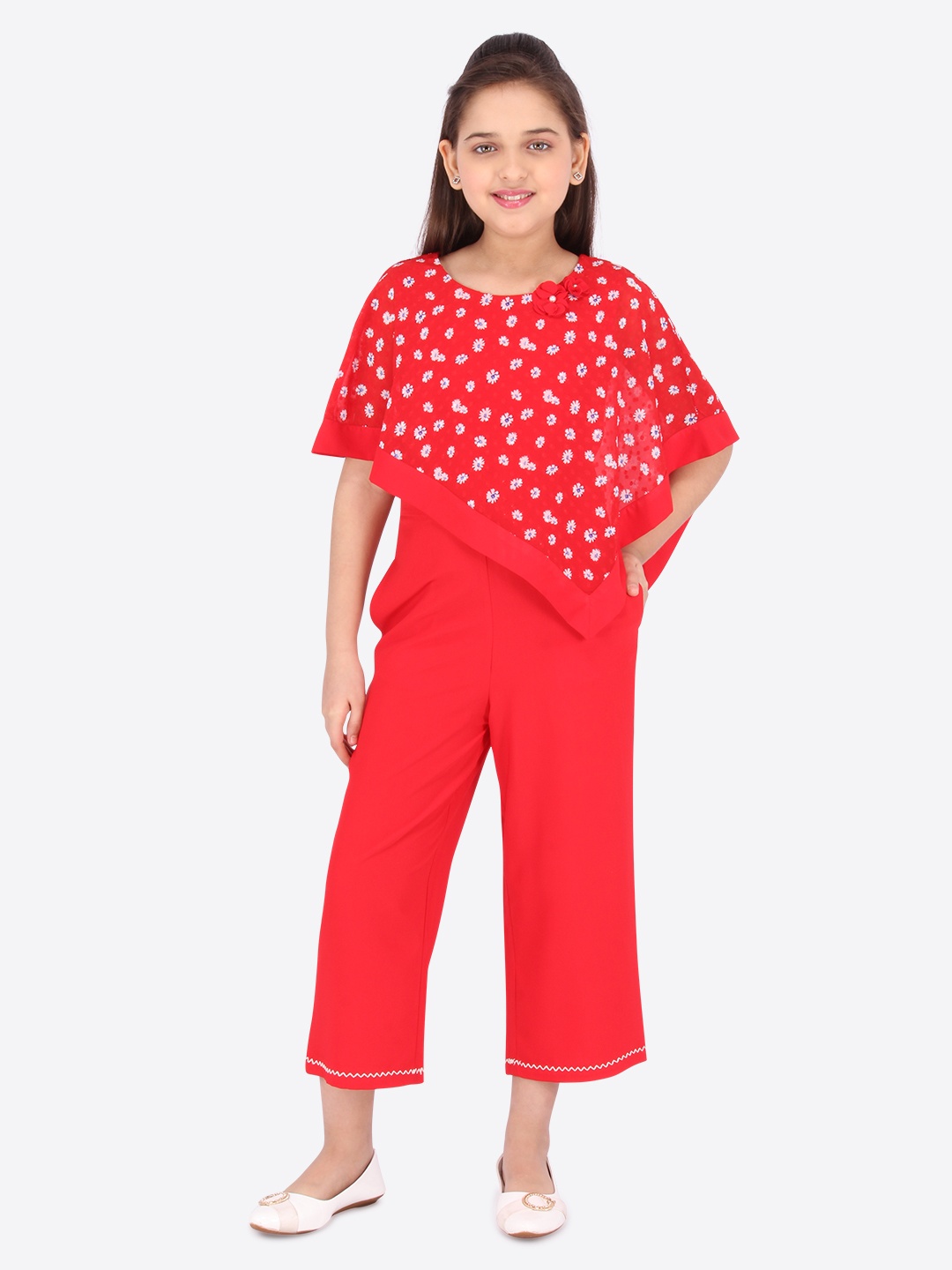 

CUTECUMBER Girls Red & White Printed Basic Jumpsuit