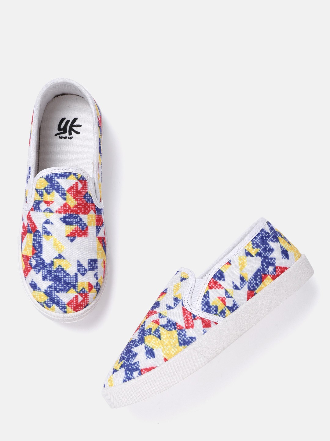 

YK Kids Off-White & Blue Geometric Print Washable Slip-On Sneakers