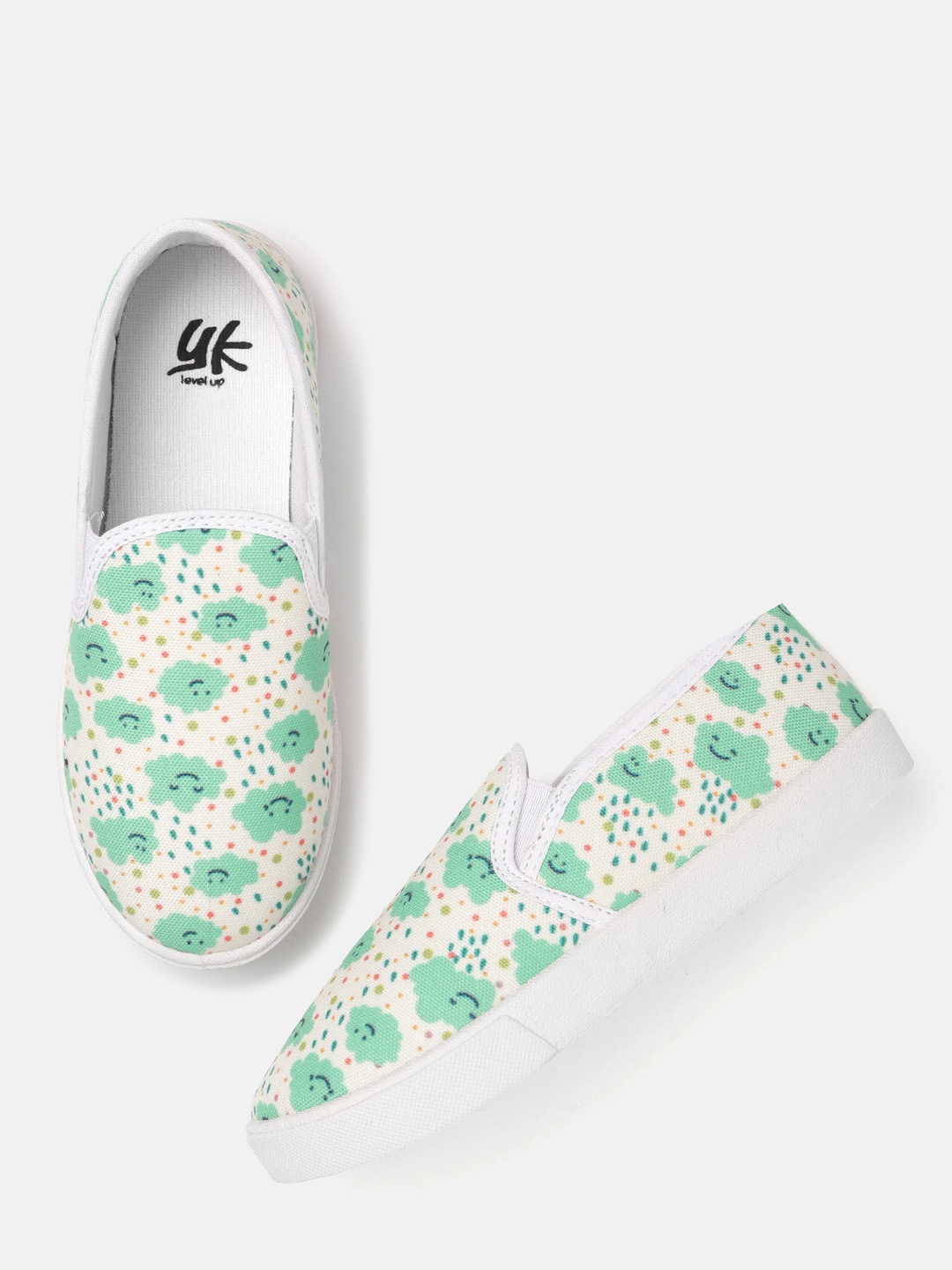 

YK Girls Off White & Green Conversational Print Washable Slip-On Sneakers