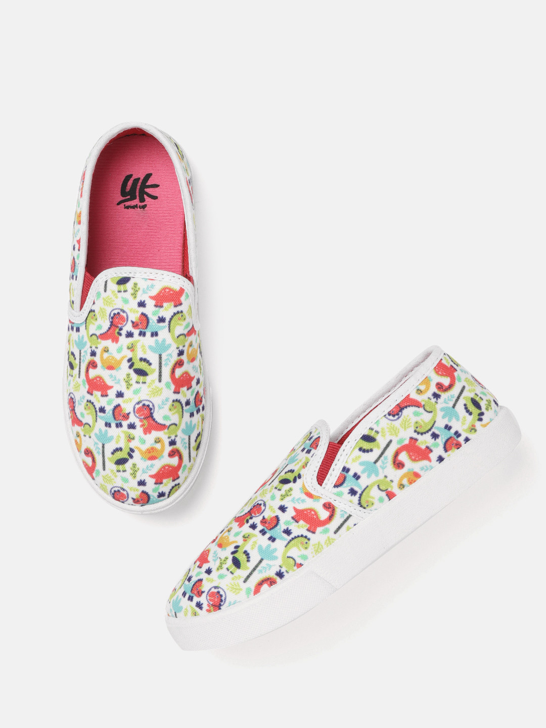 

YK Girls White & Green Dinosaur Print Washable Slip-On Sneakers