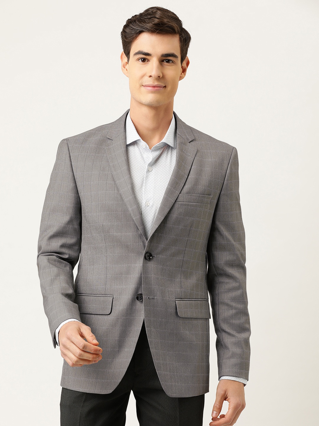 

Peter England Men Grey Melange & White Checked Neo Slim Fit Single-Breasted Formal Blazer