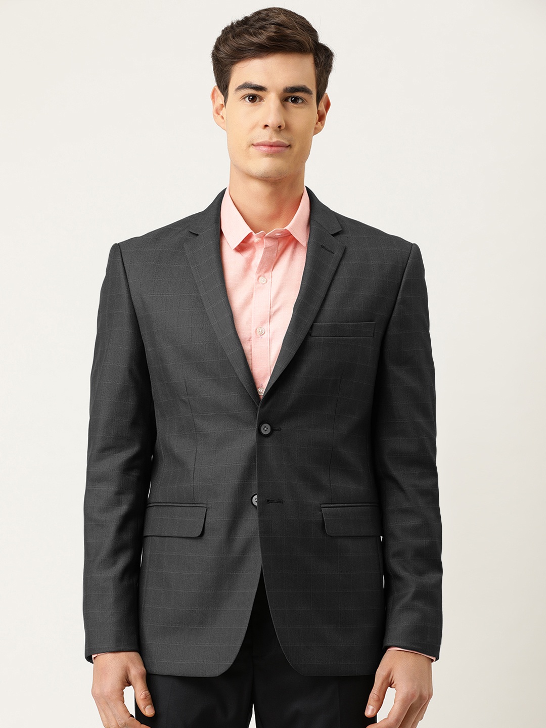 

Peter England Men Grey Checked Neo Slim Fit Single-Breasted Formal Blazer