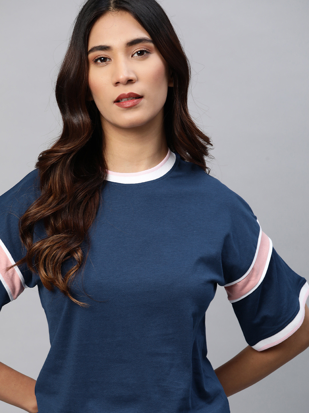 

The Roadster Lifestyle Co Women Blue Solid Pure Cotton Extended Sleeves T-shirt