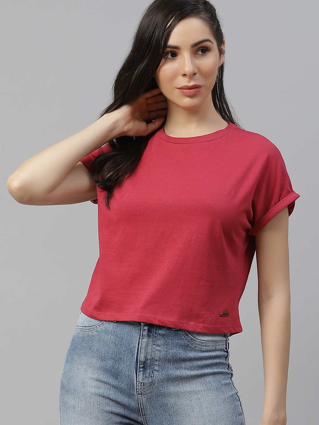 

The Roadster Lifestyle Co Women Red Solid Pure Cotton Extended Sleeves Boxy T-shirt