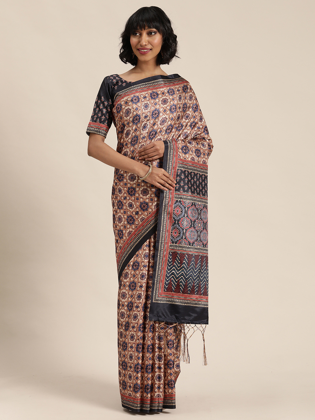 

Mitera Brown & Navy Blue Printed Venkatgiri Saree