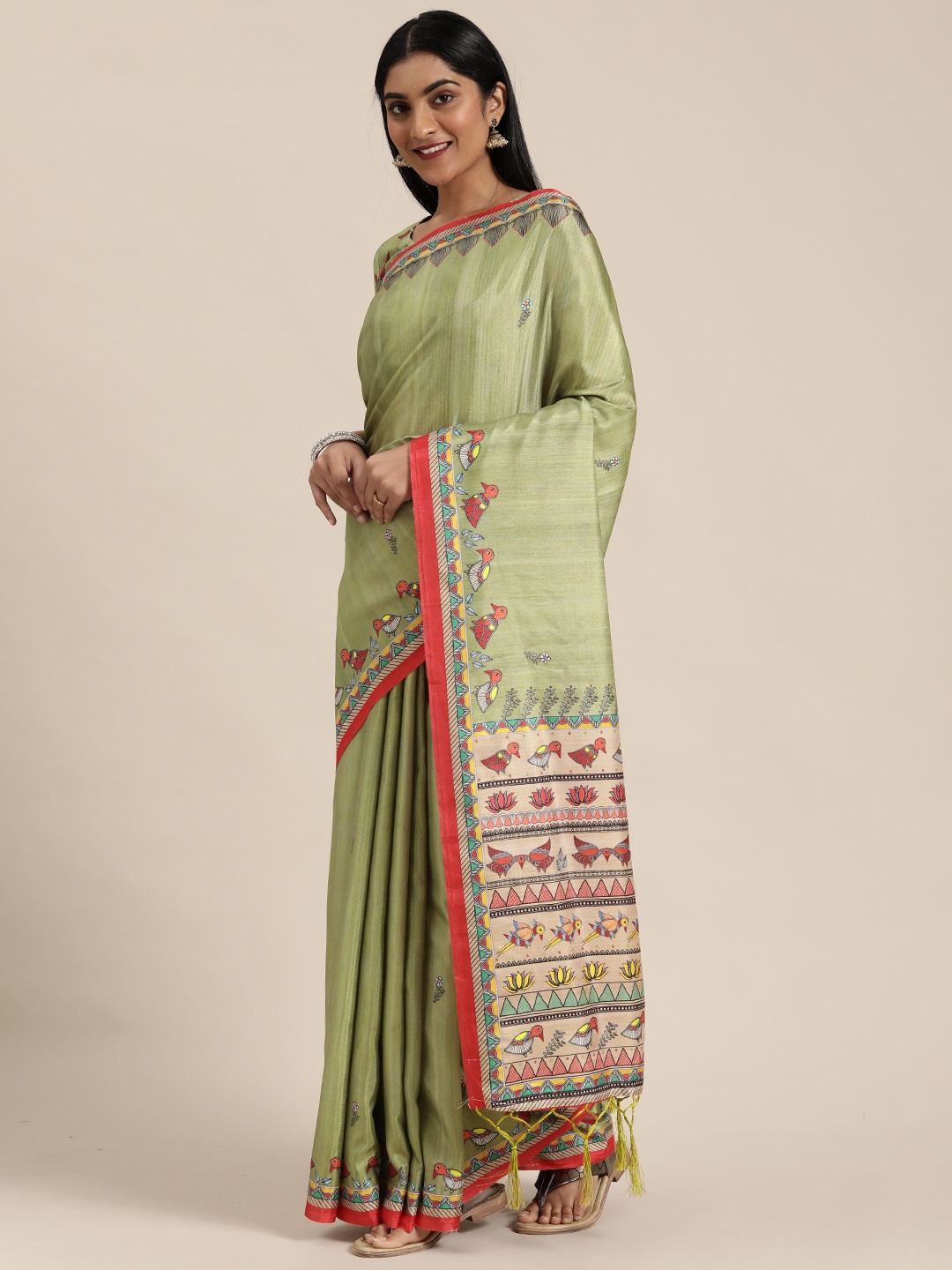 

Mitera Women Olive Green & Red Satin Printed Tussar Saree