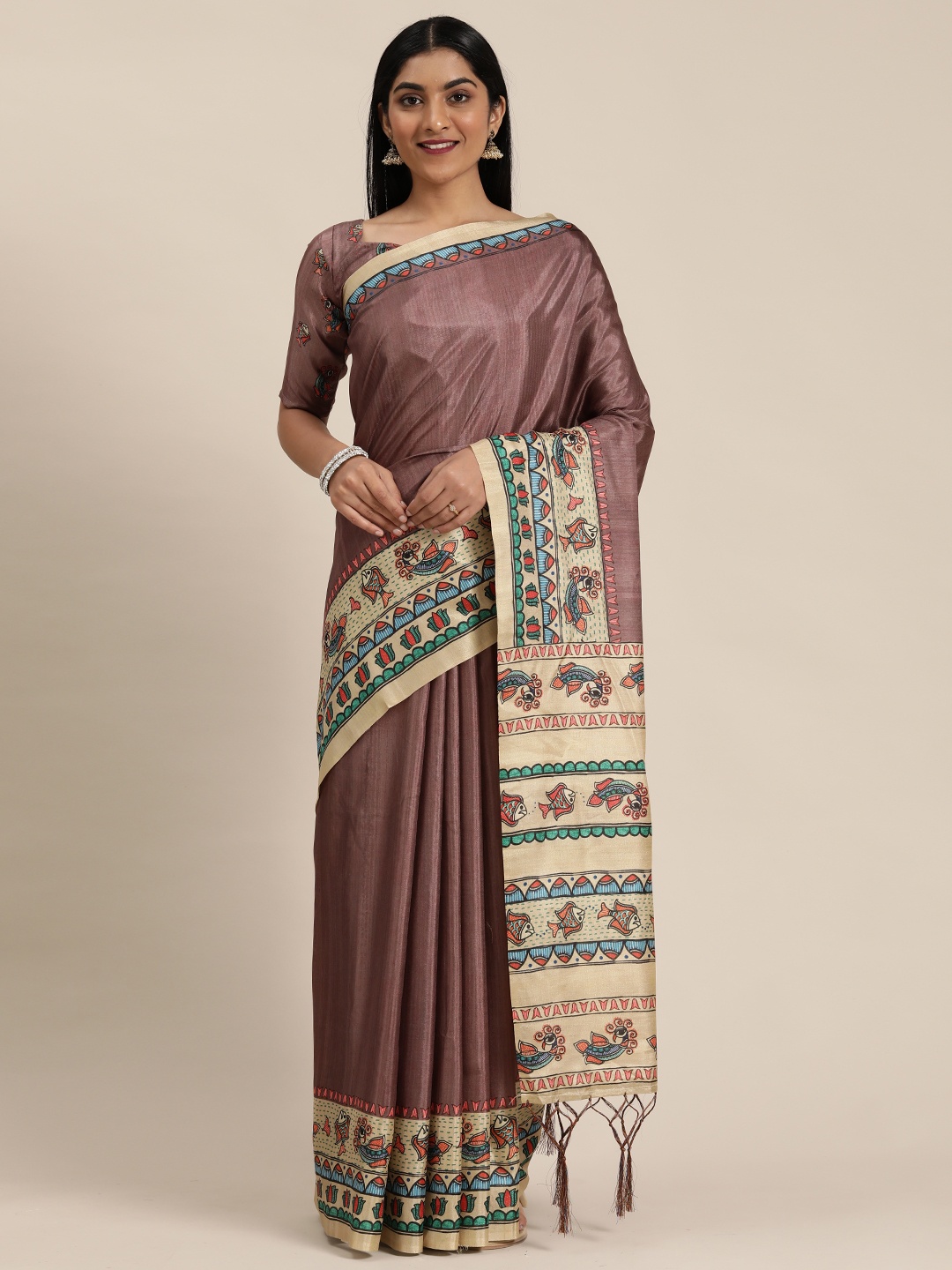 

Mitera Brown Printed Tussar Saree