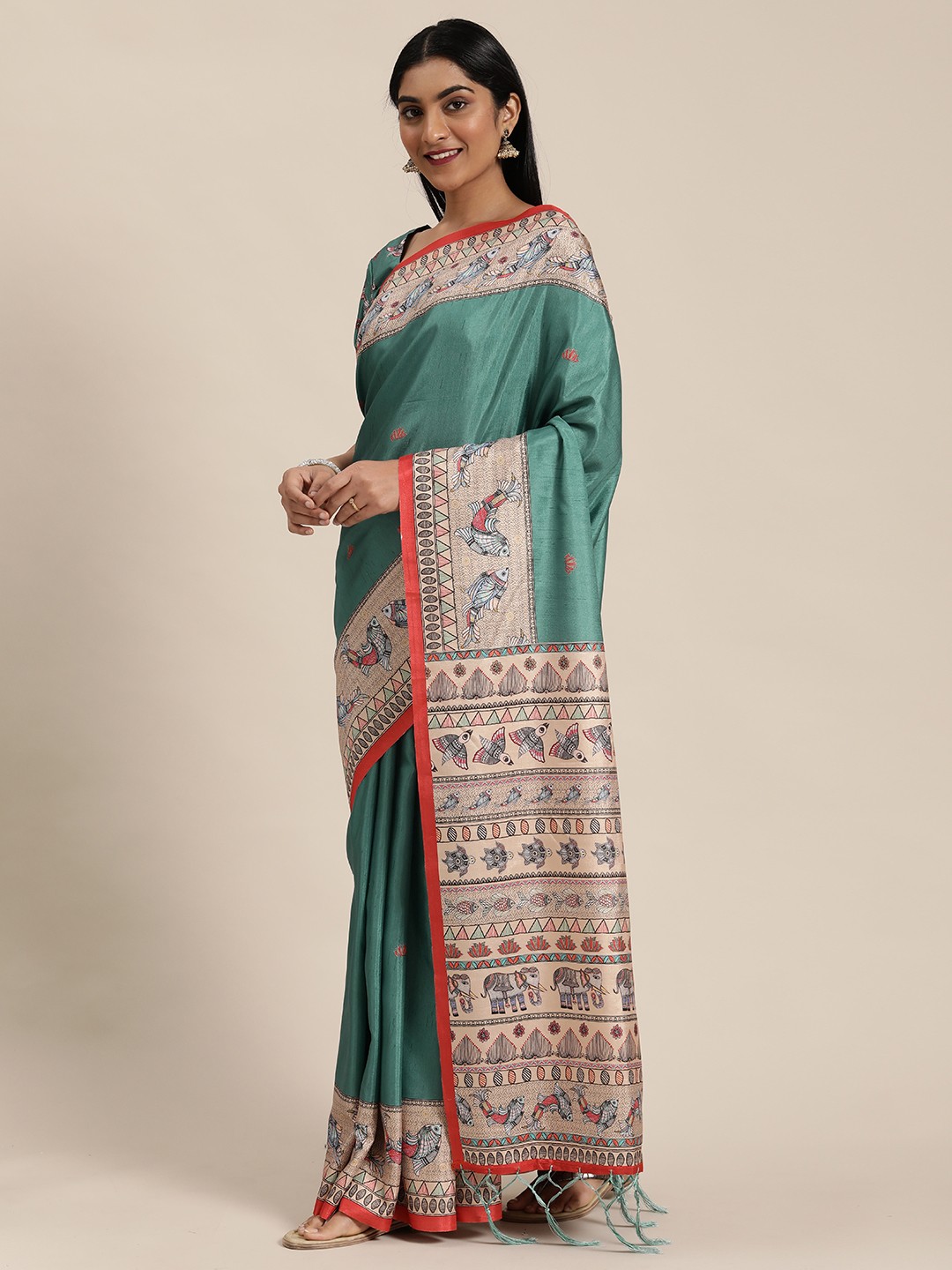 

Mitera Teal Blue & Red Printed Tussar Saree