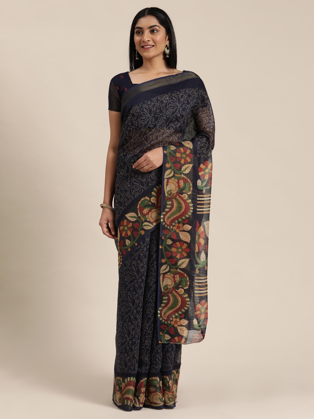 

Mitera Navy Blue & Beige Cotton Printed Mysore Silk Saree
