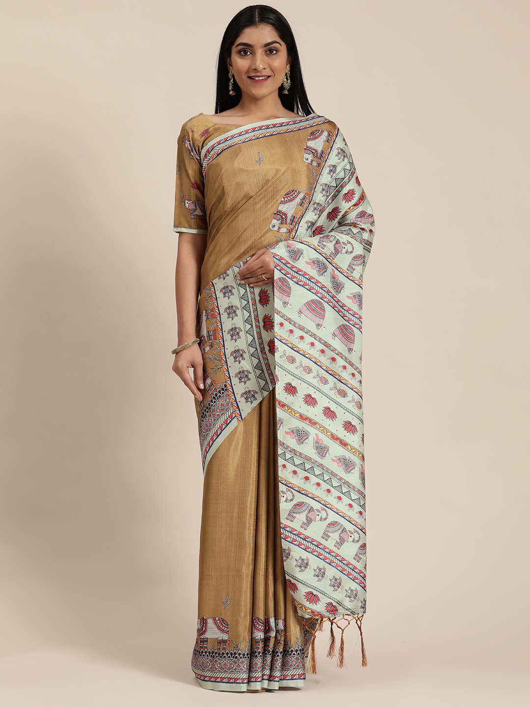 

Mitera Brown & Green Satin Printed Tussar Saree