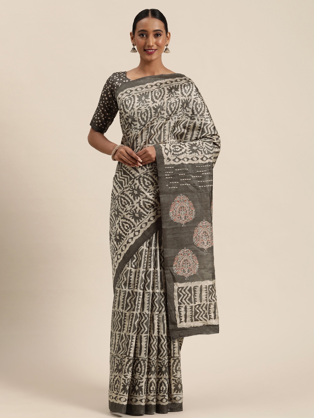 

Saree mall Grey & Off-White Art Silk Printed Bhagalpuri Saree