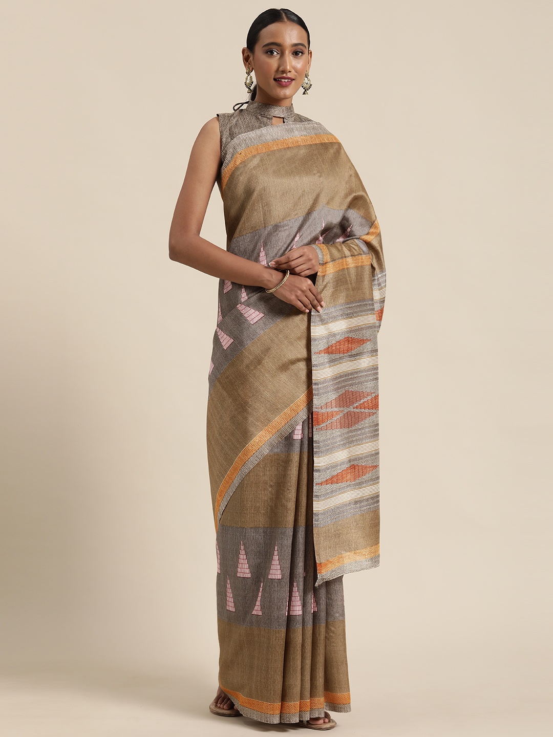 

Saree mall Beige & Grey Printed Bhagalpuri Saree