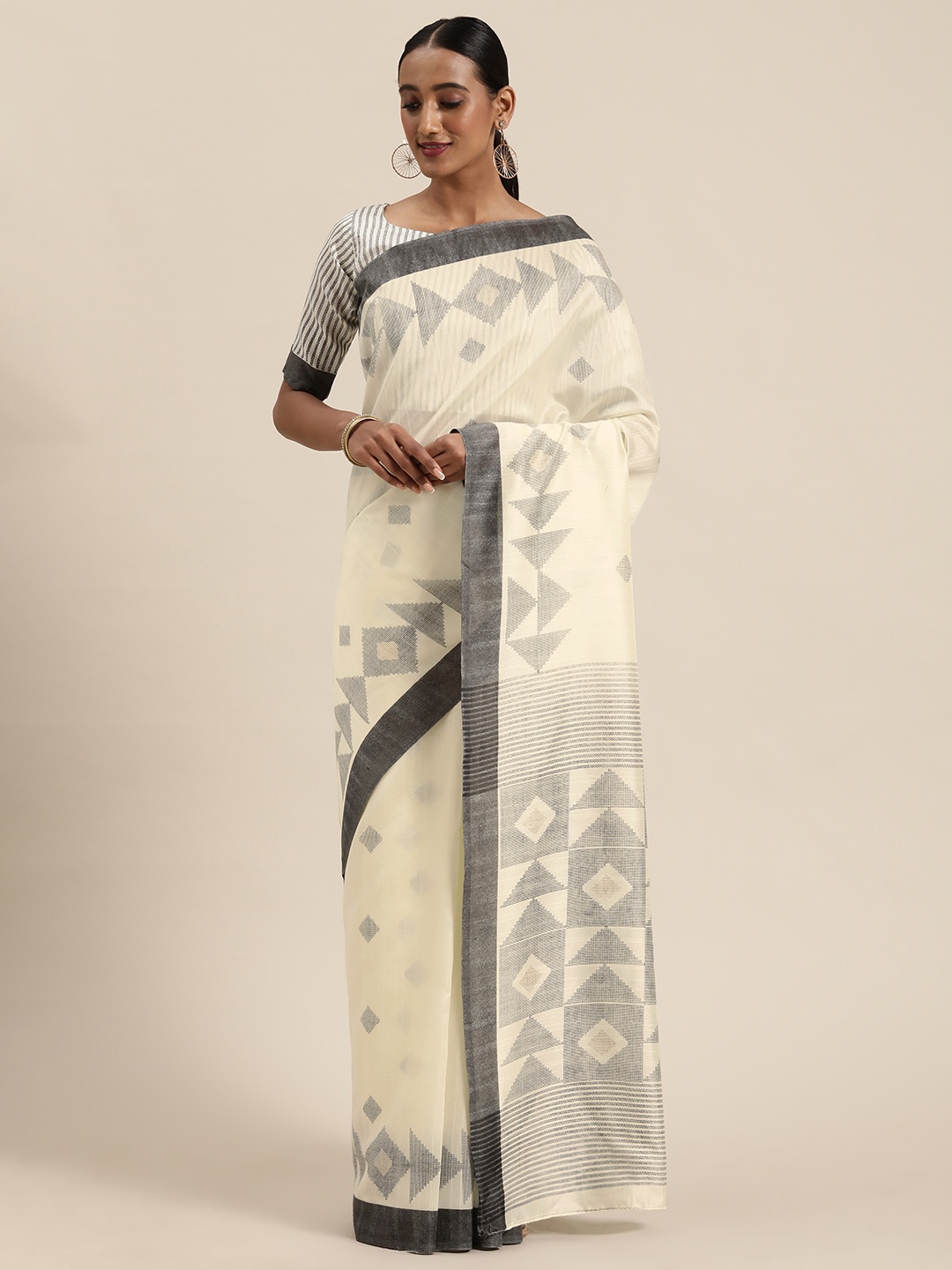 

Saree mall Cream-Coloured & Grey Printed Bhagalpuri Saree