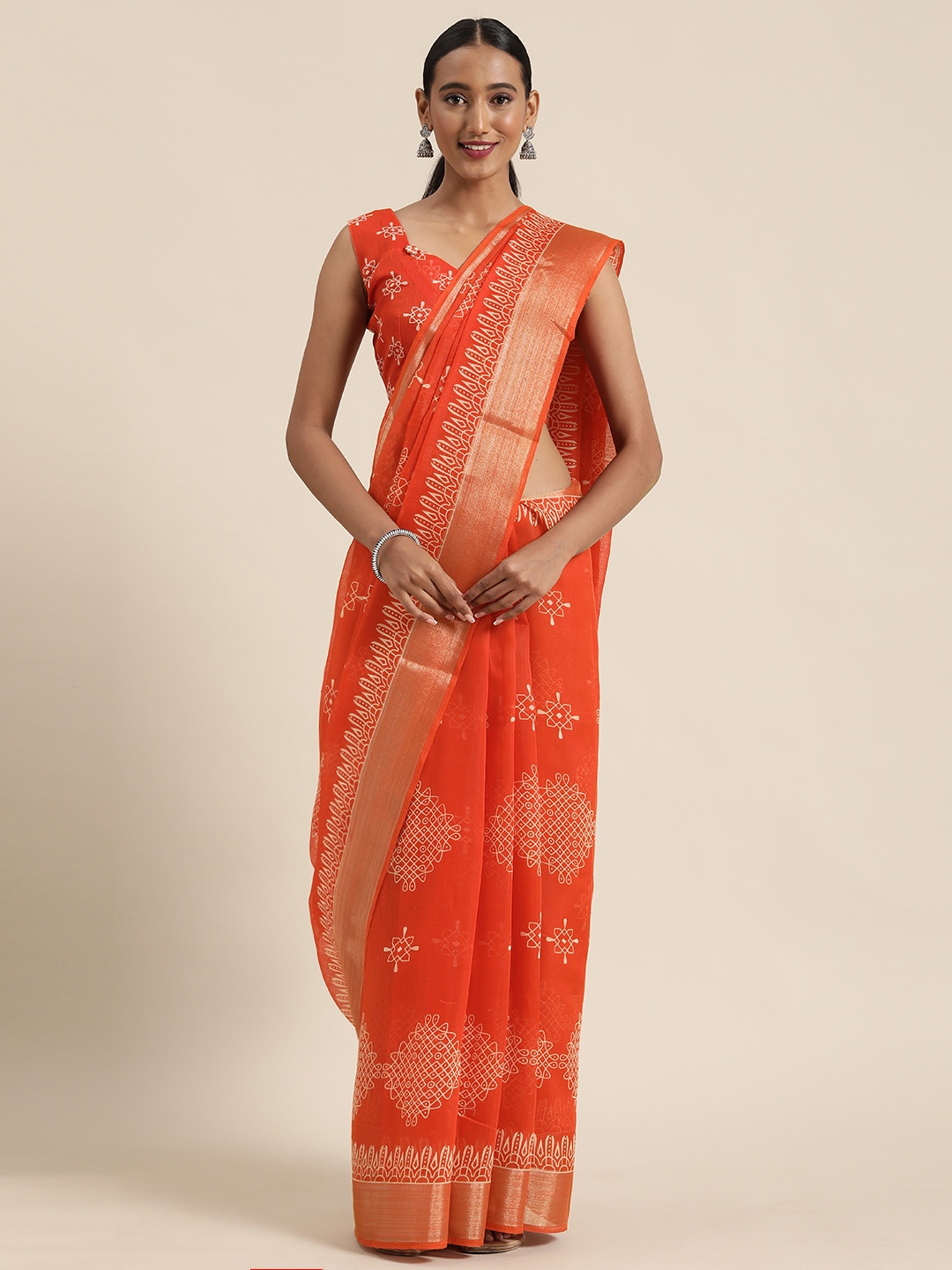 

Saree mall Orange & White Cotton Blend Printed Bandhani Saree