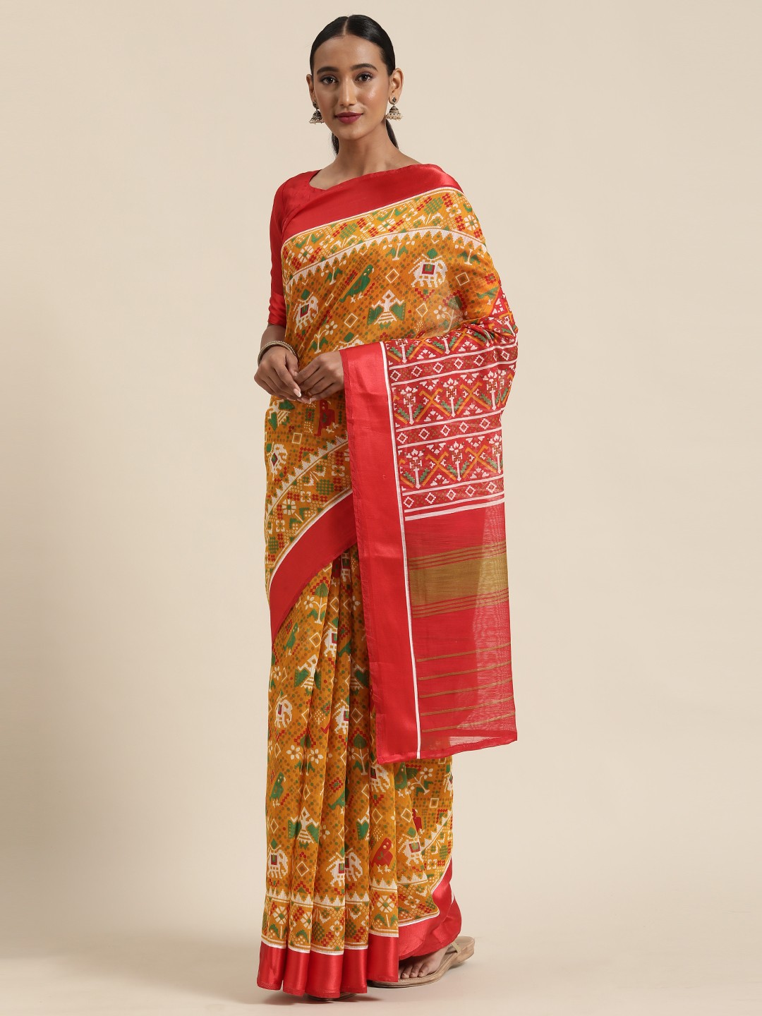 

Saree mall Mustard Yellow & White Linen Blend Printed Saree