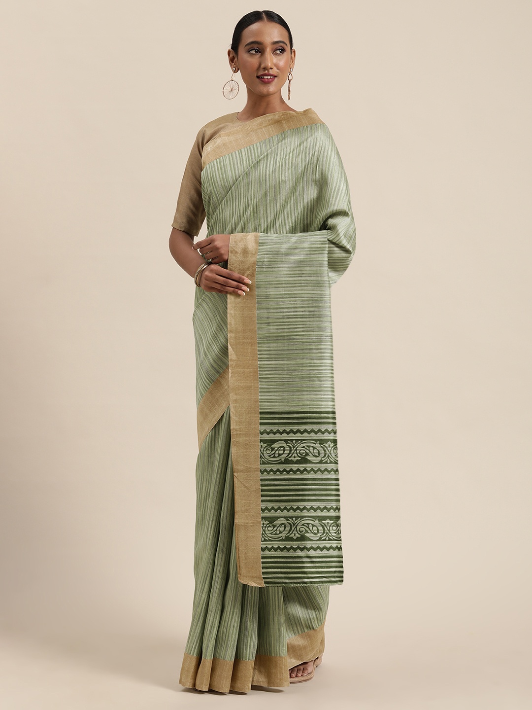 

Saree mall Green Art Silk Striped Bhagalpuri Saree