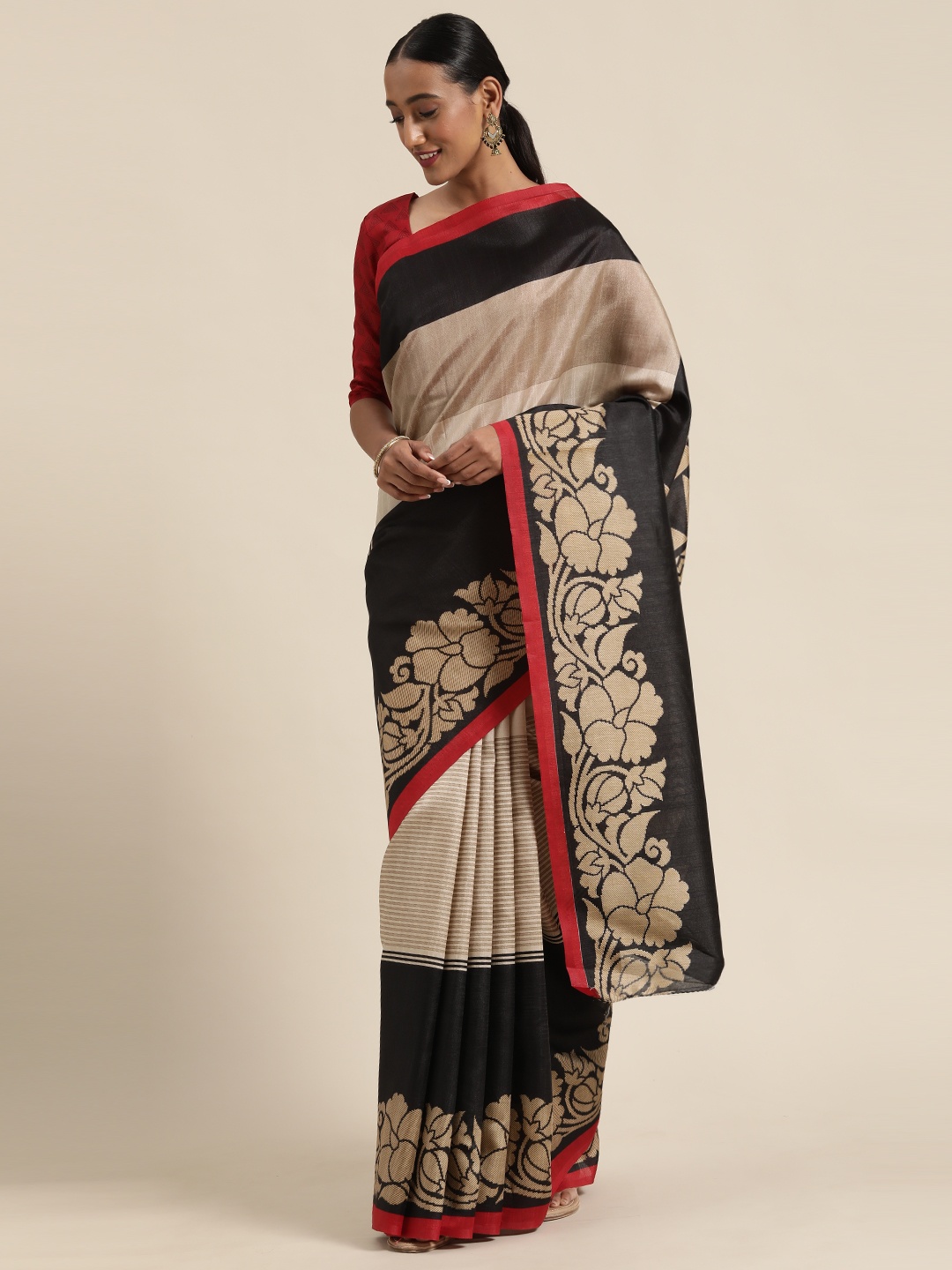 

Saree mall Beige & Black Striped Bhagalpuri Saree