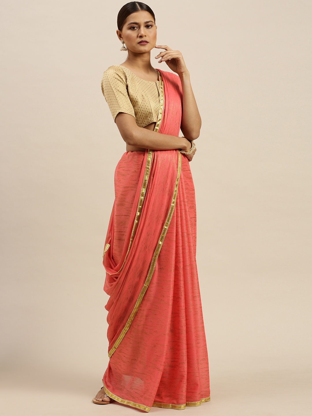 

Saree mall Peach-Coloured & Gold-Toned Poly Chiffon Printed Mysore Silk Saree