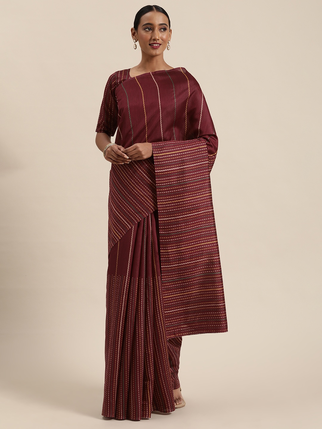 

Saree mall Maroon & White Art Silk Striped Bagru Saree