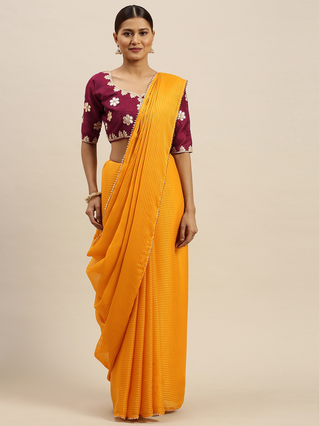 

Saree mall Mustard Yellow Striped Chanderi Saree