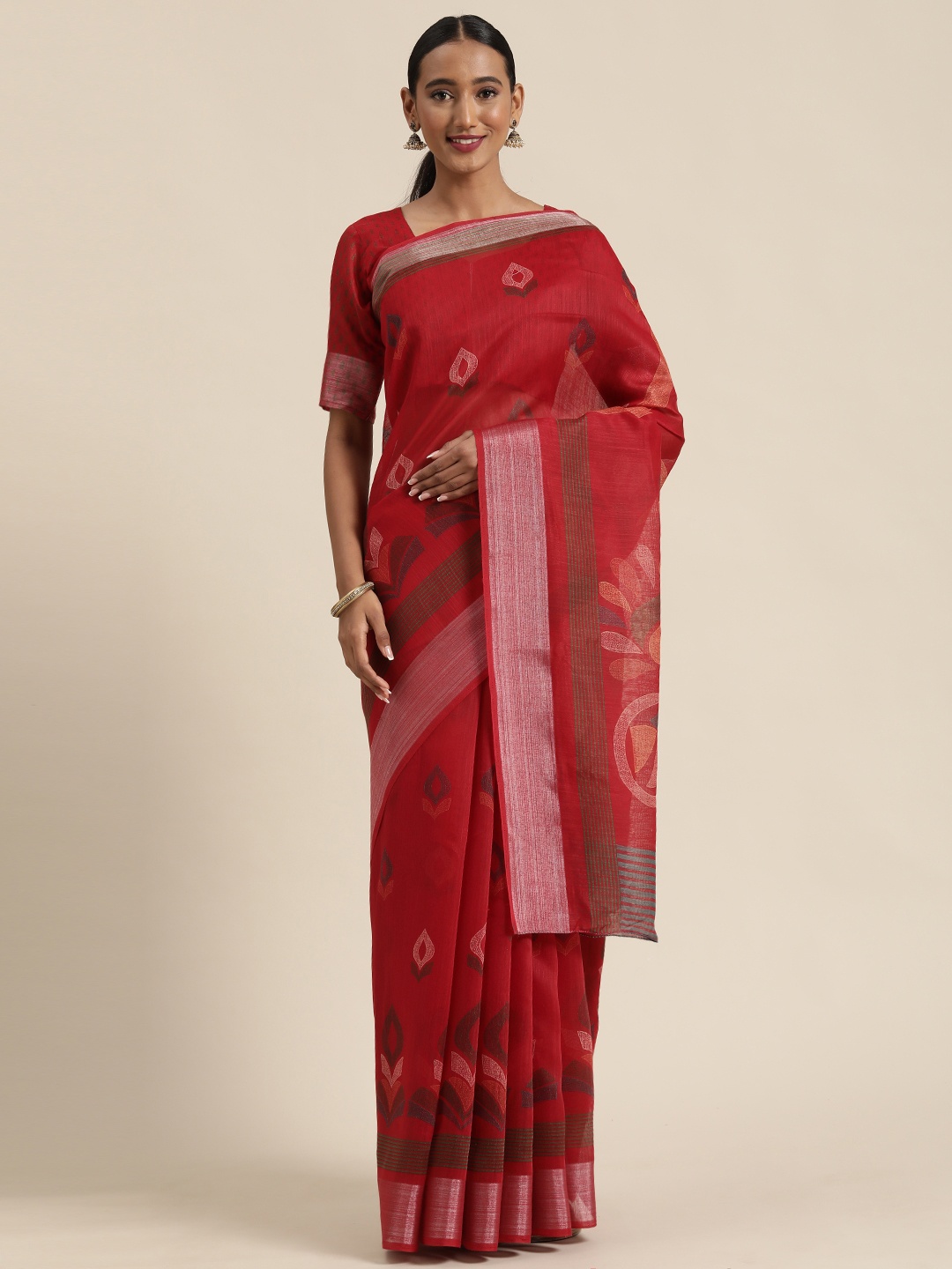 

Saree mall Red Printed Cotton Blend Saree