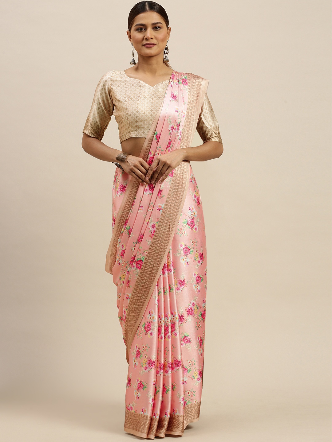 

Saree mall Peach-Coloured & Pink Satin Printed Saree