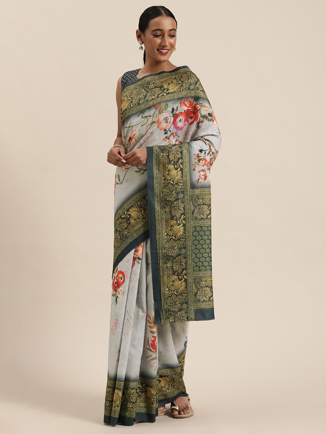 

Saree mall Grey & Green Silk Cotton Printed Bagh Saree