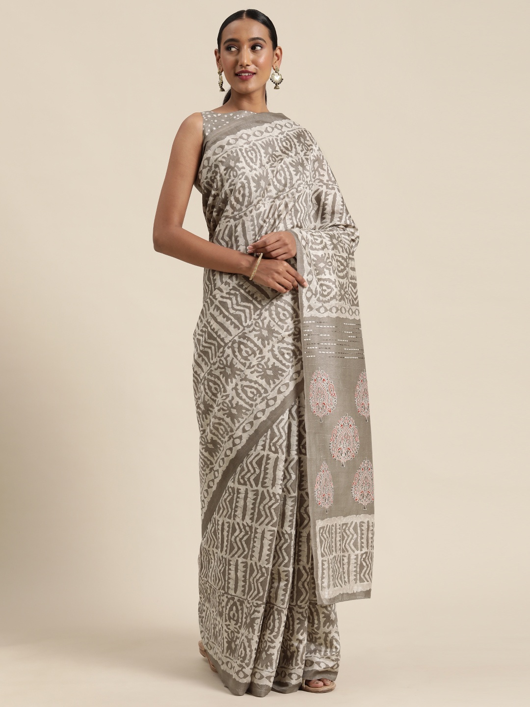 

Saree mall Grey & Off-White Art Silk Printed Bagru Saree