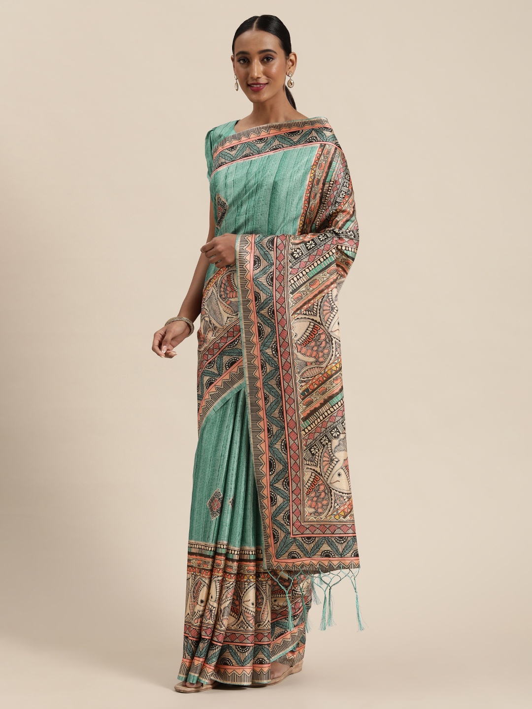 

Saree mall Sea Green & Orange Silk Blend Printed Ikat Saree