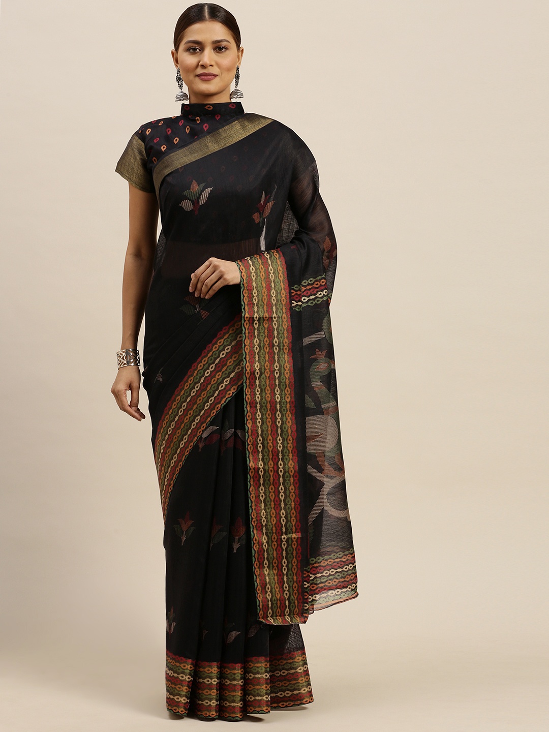 

Saree mall Black Printed Cotton Blend Saree