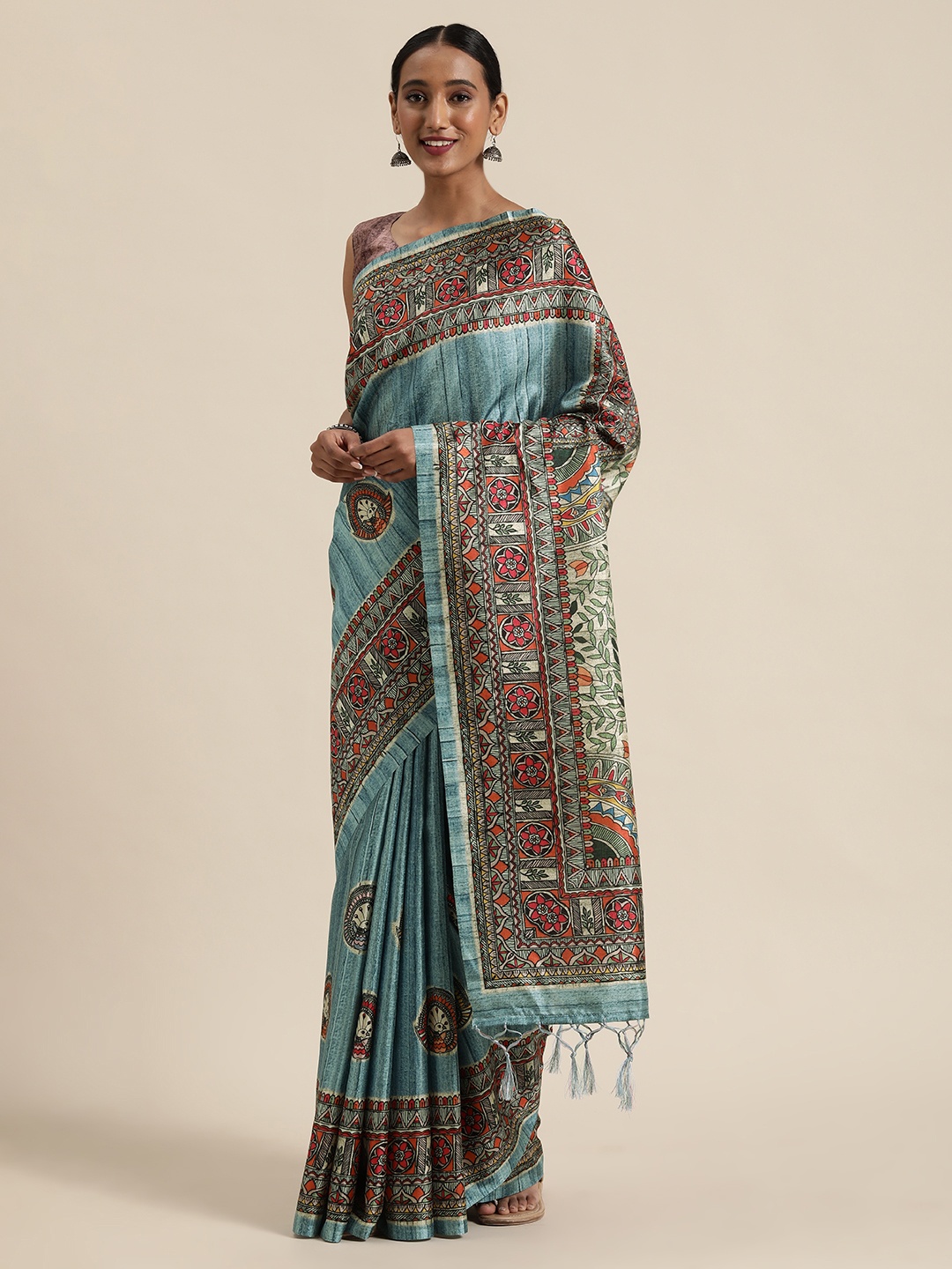 

Saree mall Blue & Rust Orange Madhubani Printed Ikat Saree