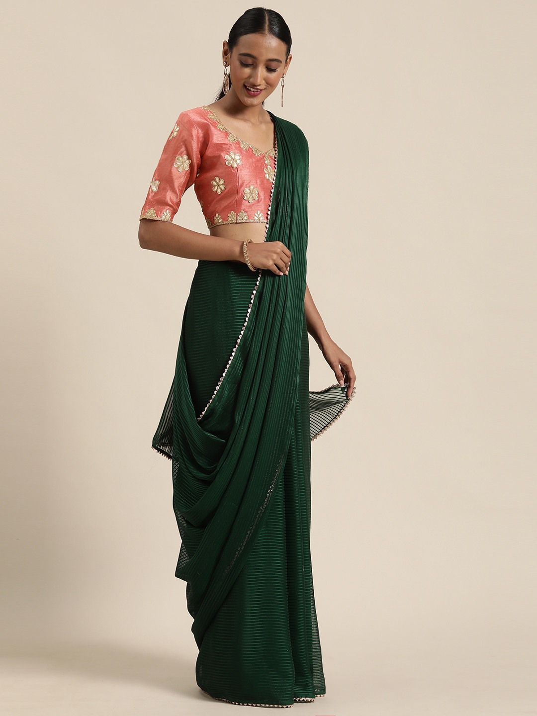 

Saree mall Green Pure Georgette Striped Chanderi Saree