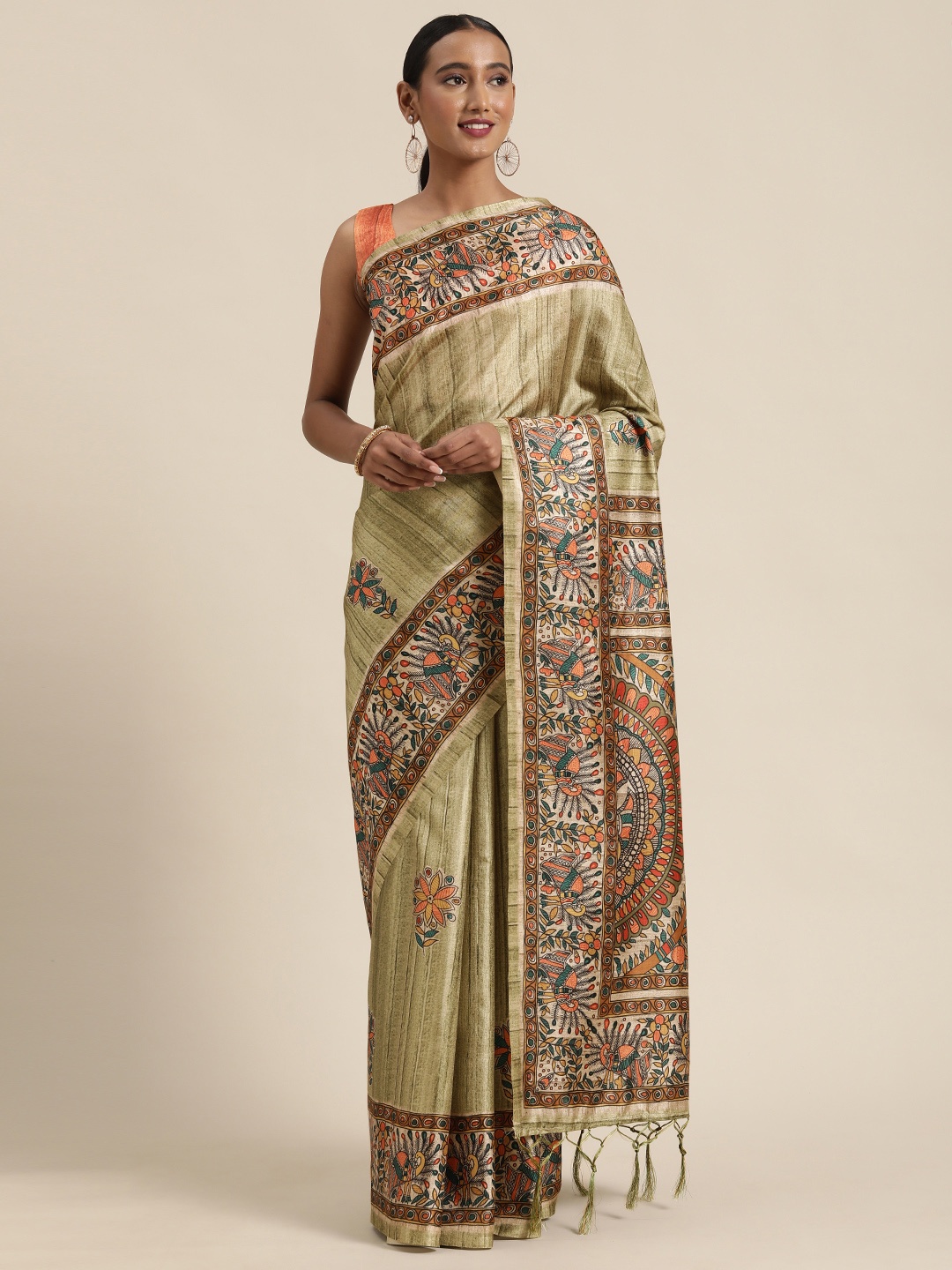 

Saree mall Olive Green Printed Ikat Saree