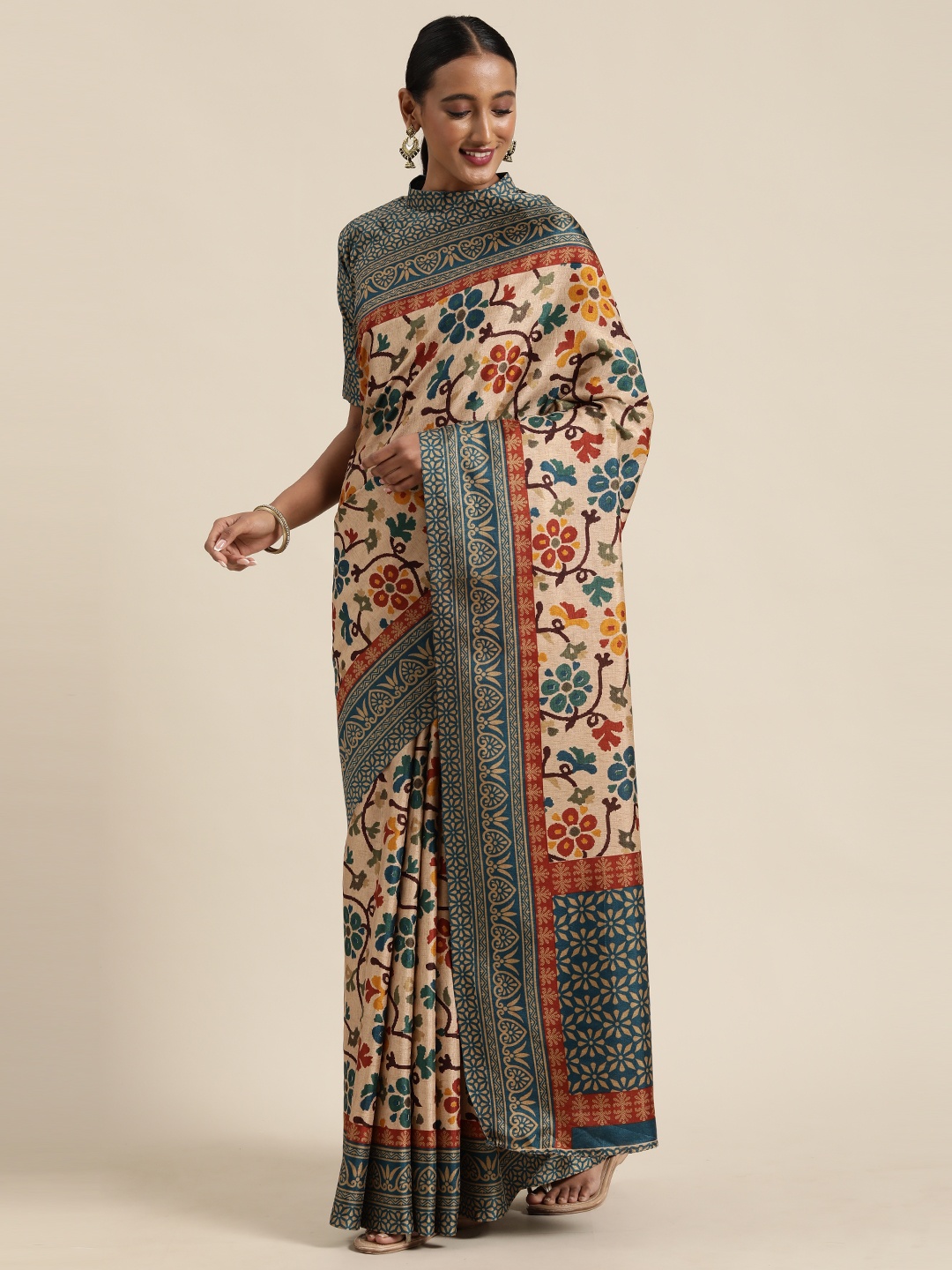 

Saree mall Beige & Teal Blue Floral Printed Sambalpuri Saree