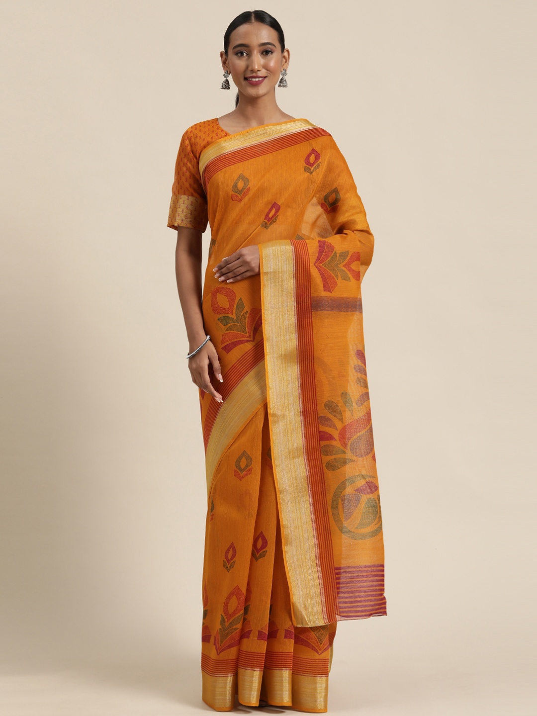 

Saree mall Mustard Yellow & Red Cotton Blend Printed Bandhani Saree