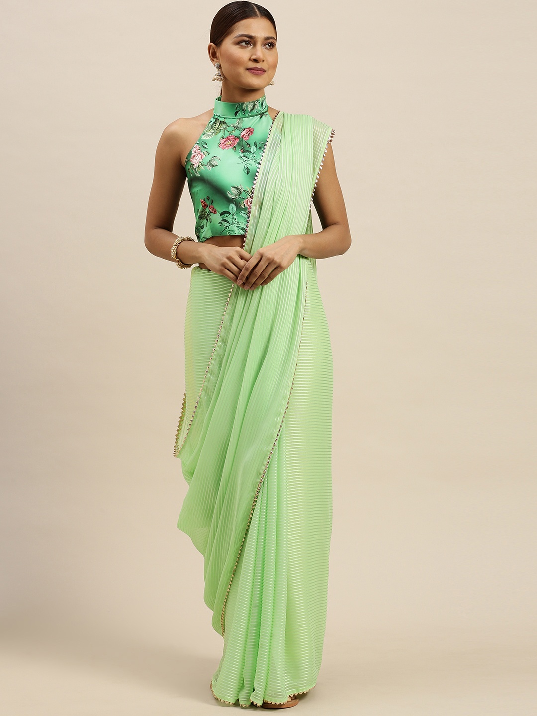 

Saree mall Sea Green Striped Chanderi Saree