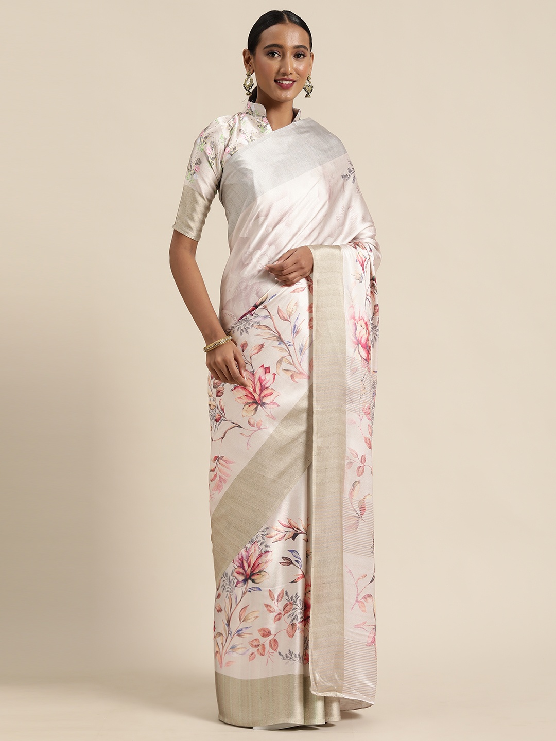 

Saree mall White & Pink Floral Printed Saree