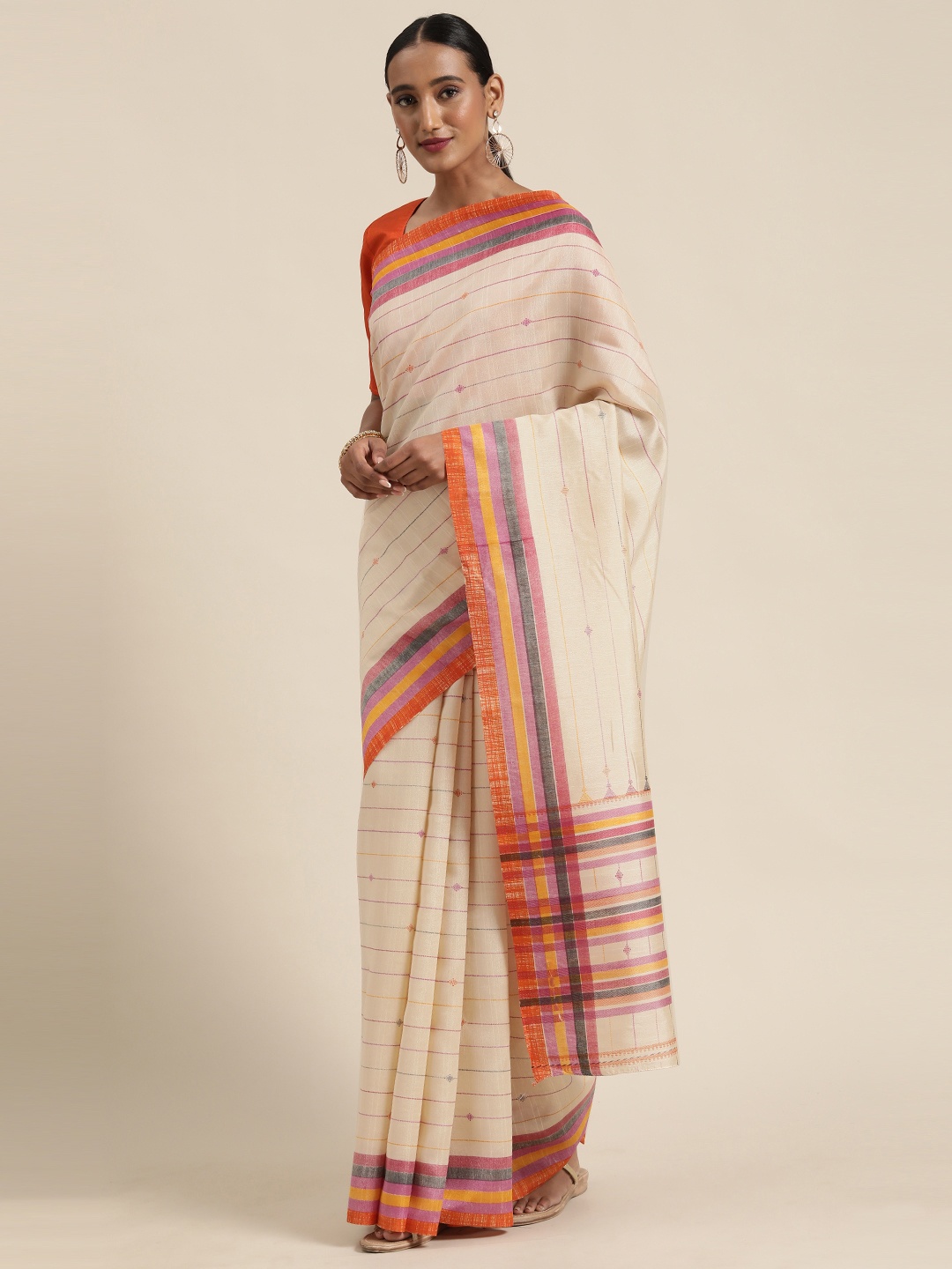 

Saree mall Beige Art Silk Striped Bagru Saree