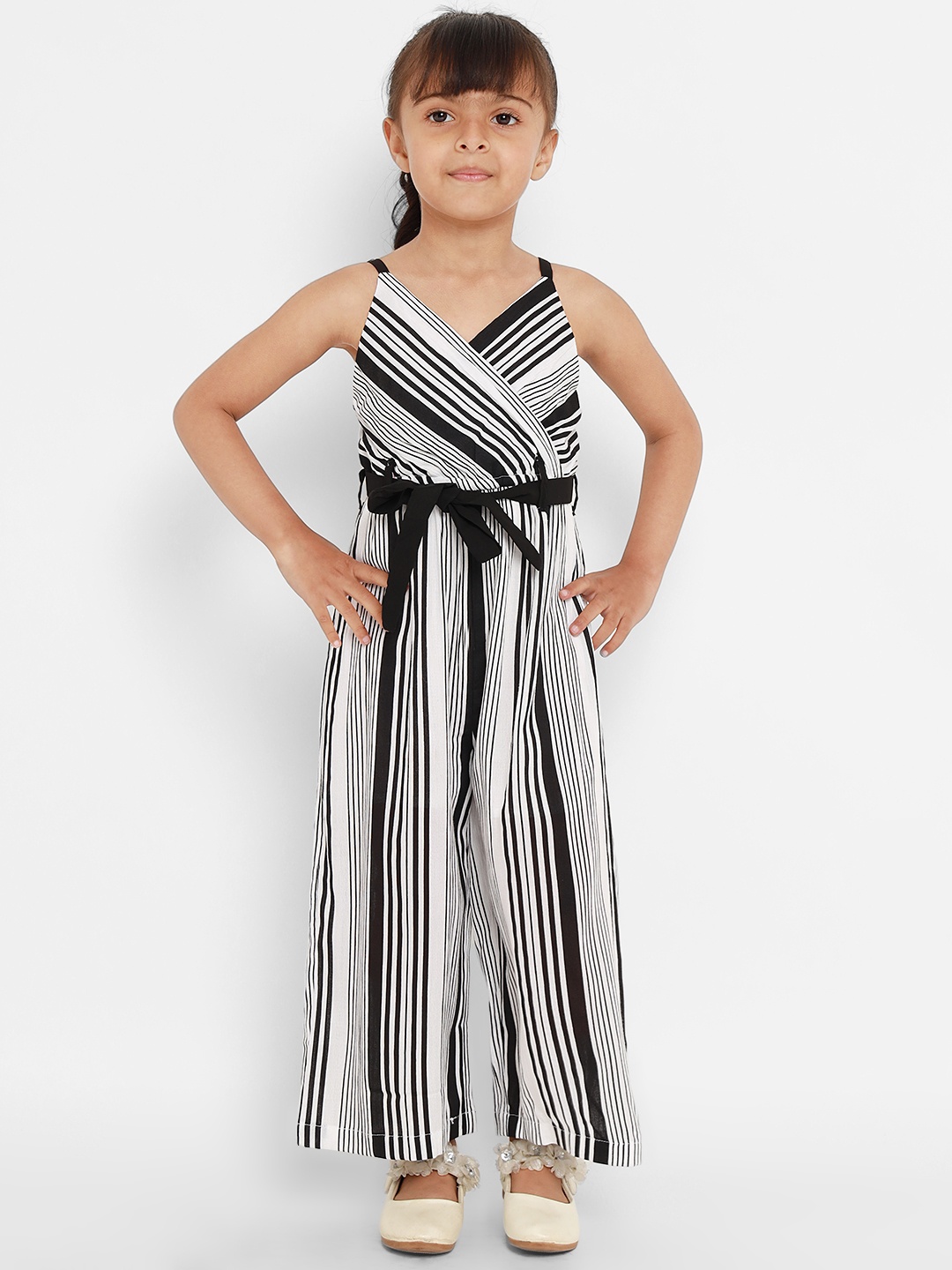

Natilene Girls Black & White Striped Basic Jumpsuit